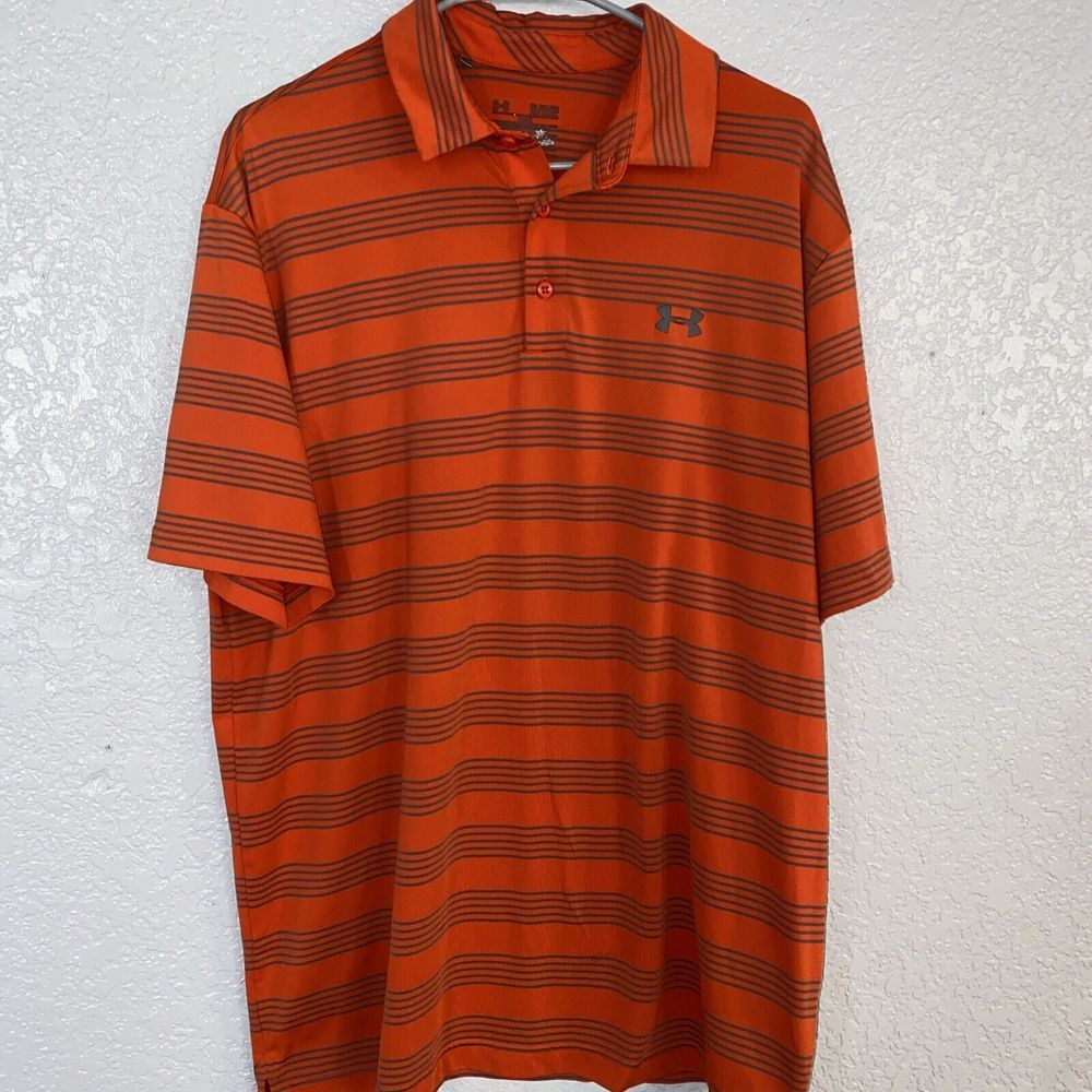 Men's Under Armour Heat Gear‎ Loose Stripe Polo Golf Shirt Size XL Orange/Gray